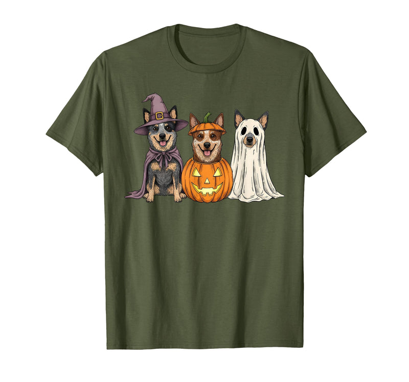 Funny Retro Australian Cattle Dog Halloween Witch Spooky Ghost Blue Heeler Pumpkin Halloween Dog Lover T-Shirt - Olive Green