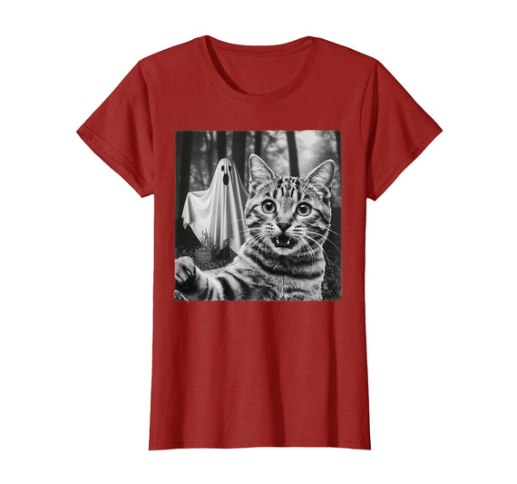 Halloween Cat Selfie with Spooky Ghost t -shir t Halloween Cat Selfie with Spooky Ghost T-Shirt - Cranberry Red