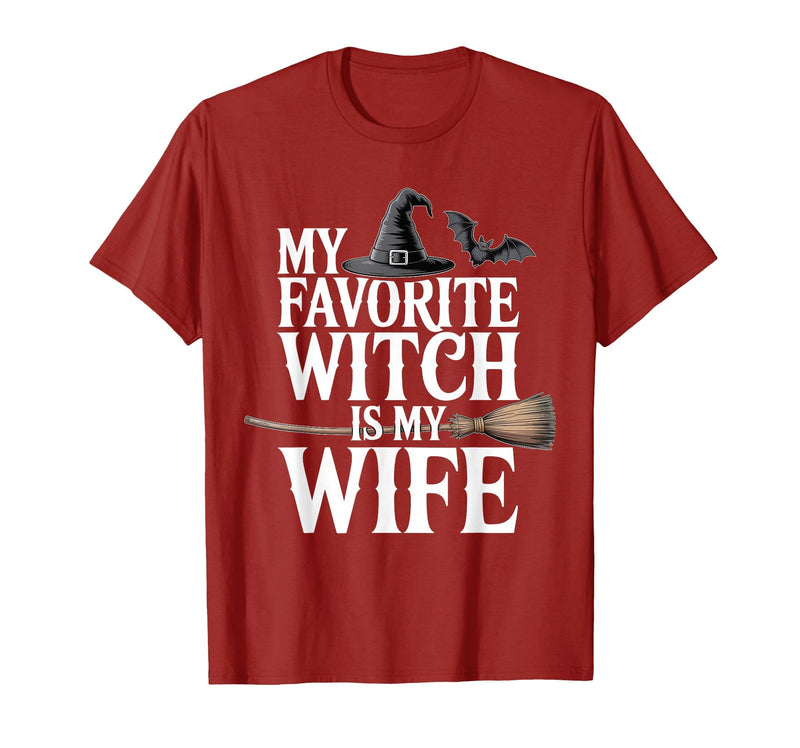 Cute Spooky Season Party Trick-or-treating Custume My Favorite Witch is My Wife Funny Halloween Husband Couple T-Shirt -