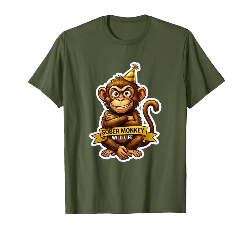 Mademark Sober Monkey Wild Life Sobriety Design T-Shirt - Men - Olive Green