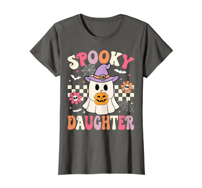 Ghost Spooky Daughter Retro Halloween Costume Groovy Spooky Daughter Retro Ghost Holding Pumpkin Halloween T-Shirt