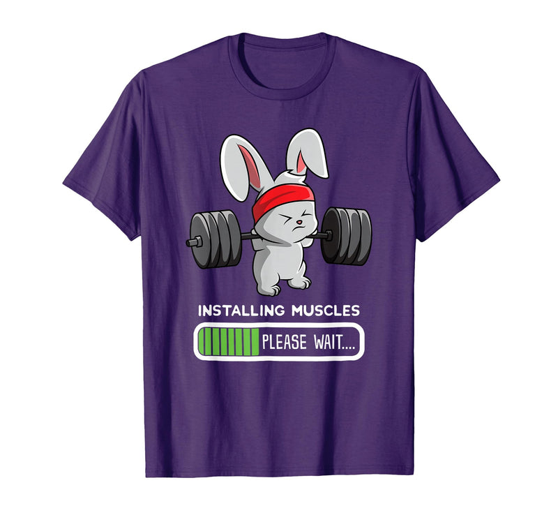 Bunny Gym Rabbit Weights Installing Muscles T-Shirt in Purple