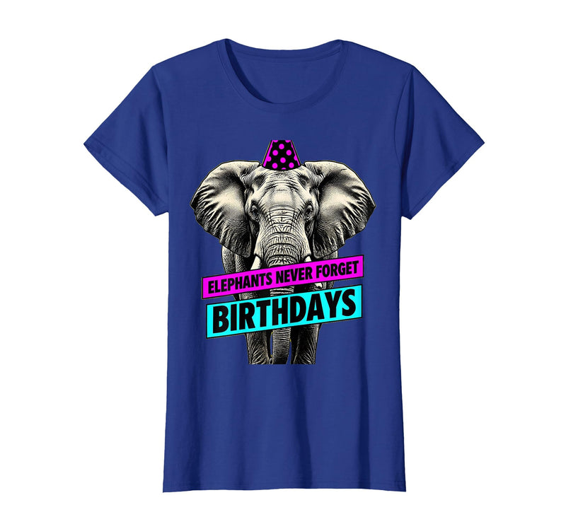 Mademark Elephants Never Forget Birthdays Funny Design T-Shirt - Women - Royal Blue