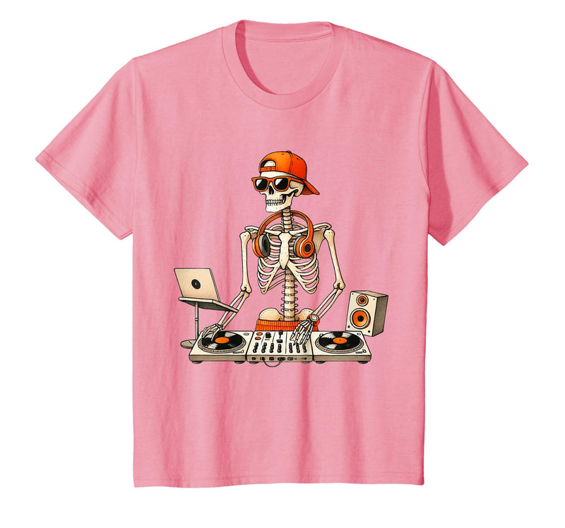 Funny Skeleton DJ Halloween Men Outfit Skeleton DJ Halloween Costume Turntable Music Funny Men Boys T-Shirt - Pink