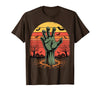 Creepy Undead Zombie Hand Retro Sunset Scary Zombie Hand Retro Sunset Halloween Horror Tee T-Shirt - Brown