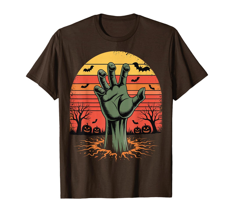 Creepy Undead Zombie Hand Retro Sunset Scary Zombie Hand Retro Sunset Halloween Horror Tee T-Shirt - Brown