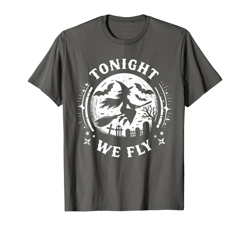 Halloween Witches Spooky Night Graveyard Tonight We Fly Halloween Witch Broomstick Moon T-Shirt - Asphalt Grey