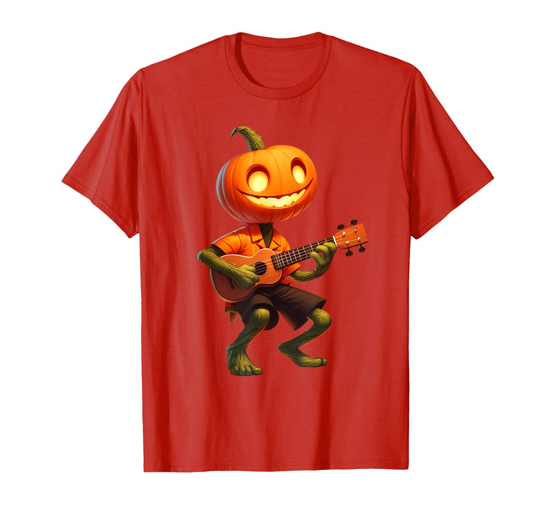 Funny Pumpkin Head Halloween Ukulele Tees Pumpkin Face Playing Ukulele Halloween Costume Men Boys Kids T-Shirt - Red