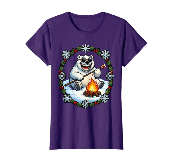 Mademark Polar Bear Sunglasses Roasting Marshmallow Christmas T-Shirt - Purple