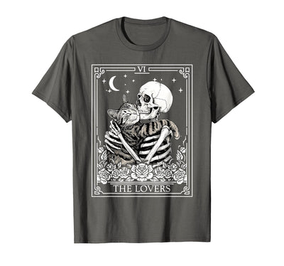 Tarot Card Skeleton Hugging Cat Halloween Apparel The Lovers Tarot Card Skeleton Hugging Cat Men Women Kids T-Shirt