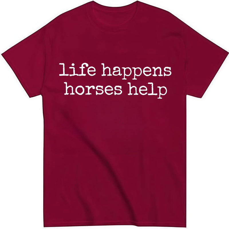 Nusyouc Life Happens Horses Help Equestrian T-Shirt Vintage Horse Lover T Shirt Tops - Claret
