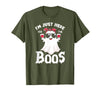 Addictive Designs Halloween Merch Funny Halloween, Just Here for the Boos, Ghost Drinking Wine T-Shirt - Olive Green