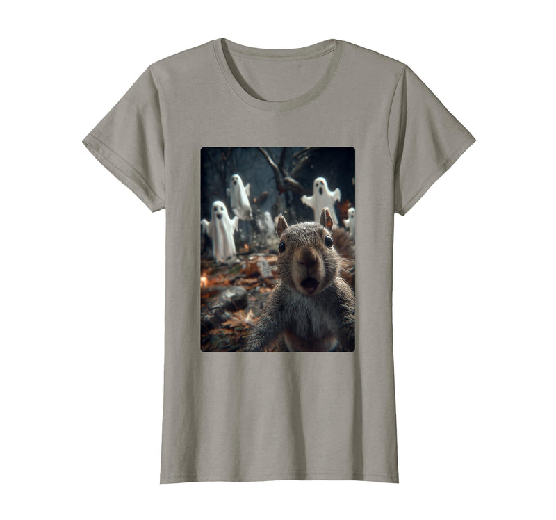 Funny Halloween Animals Selfies Clothing Funny Squirrel Selfie with Ghosts Haunted Forest Halloween T-Shirt - Slate Grey