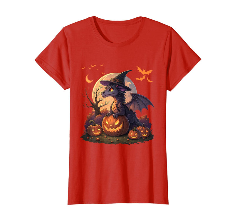 Halloween Dragons Fantasy Spooky Witchy Cute Halloween Dragon Witch Hat Pumpkin Moon Fantasy T-Shirt - Red
