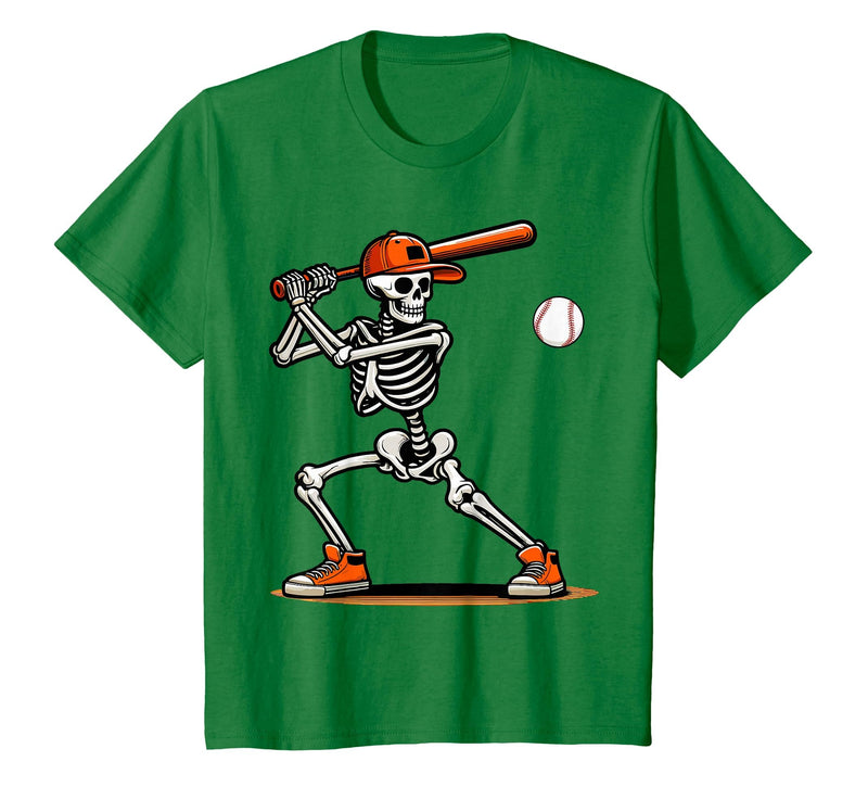 Funny Halloween Skeleton Sports Boys Costume Baseball Skeleton Spooky Boys Halloween Baseball Player T-Shirt - Kelly Green