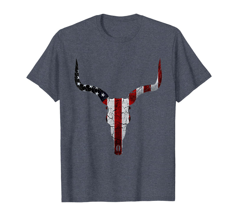 Cow skull USA Flag Bull Skull American Flag Cow Skull Western Graphic Wild West T-Shirt - Heather Blue