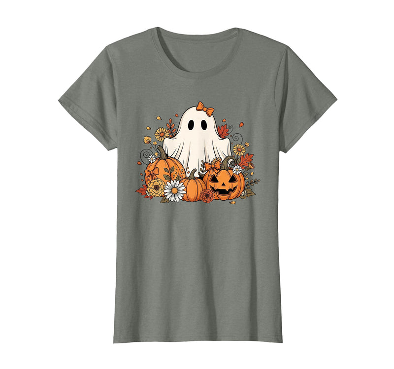 Ghost Halloween Flower Costume Floral Women Cute Ghost with Flower Halloween Pumpkin Autumn Women T-Shirt - Olive Heather