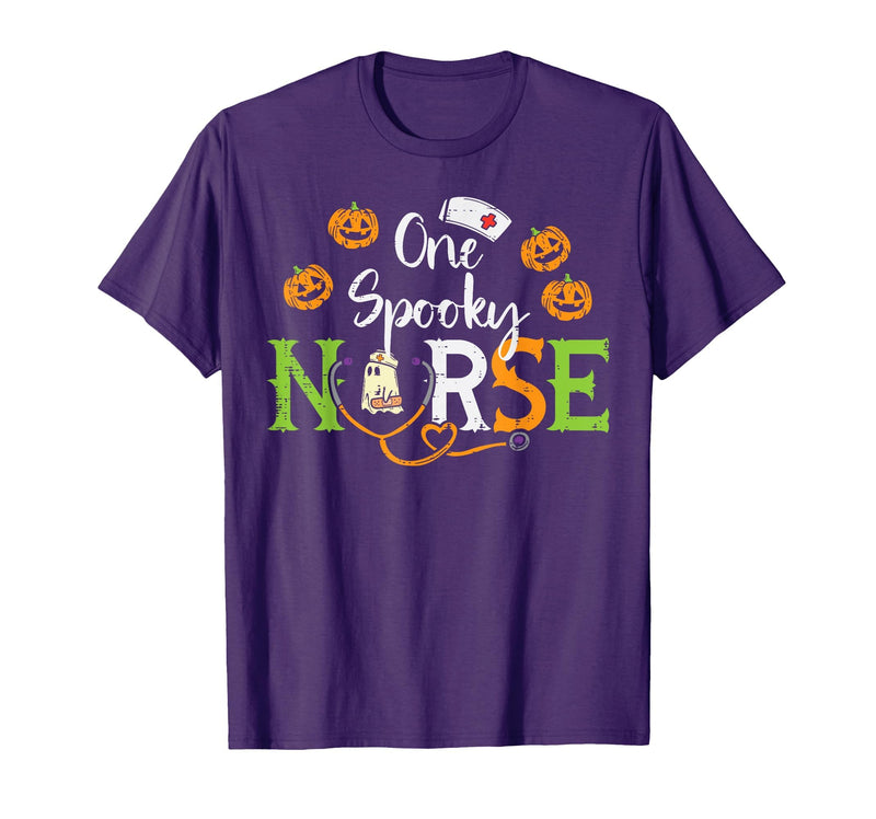Halloween Nurse Shirts For Women Scrub Costumes One Spooky Nurse Ghost Stethoscope Halloween Costume Nursing T-Shirt - Purple