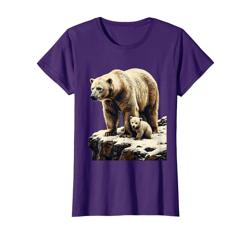 Mademark Mama Polar Bear and Cub Snowy Cliff Illustration T-Shirt - Purple