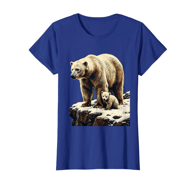 Mademark Mama Polar Bear and Cub Snowy Cliff Illustration T-Shirt - Royal Blue