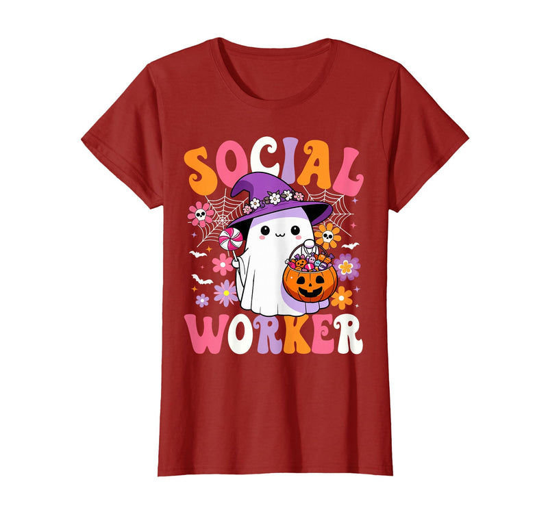 Groovy Social Worker Halloween Ghost Costume Halloween Social Worker Ghost Cute Social Worker Halloween T-Shirt - Cranberry