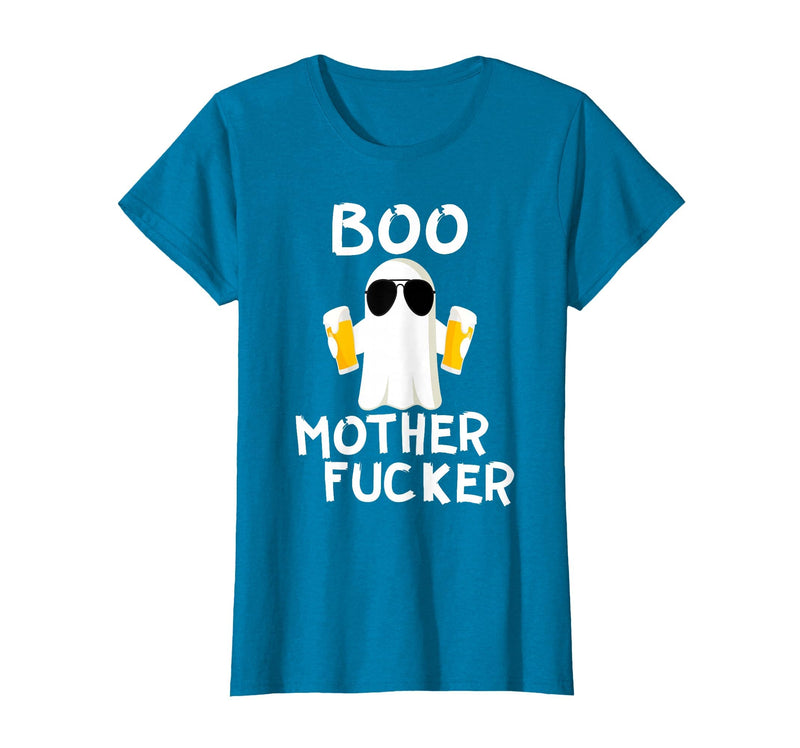 Vulgar Halloween Tee Shop Boo Motherfucker Funny Beer Drinking Ghost Adult Halloween T-Shirt - Sapphire Blue