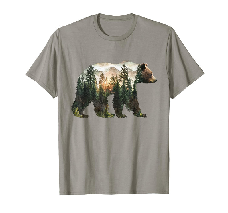 Bear Designs. Bear Forest Mountains Trees Nature Sunset Outdoor Graphic T-Shirt - Slate Grey