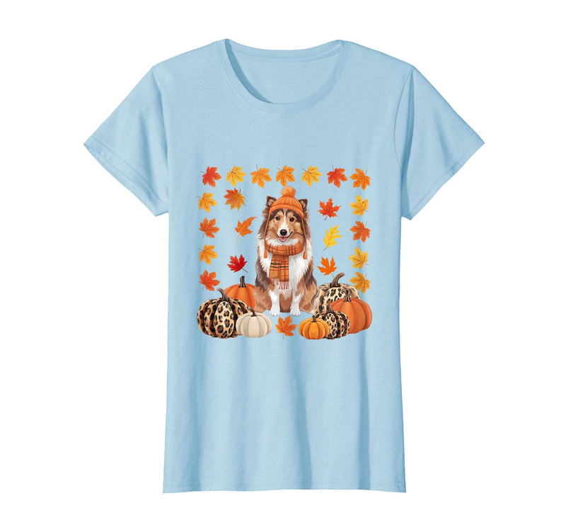 Shetland Sheepdog Sheltie Shop Sheltie Shetland Sheepdog Pumpkins Fall Leaves Halloween T-Shirt - Baby Blue
