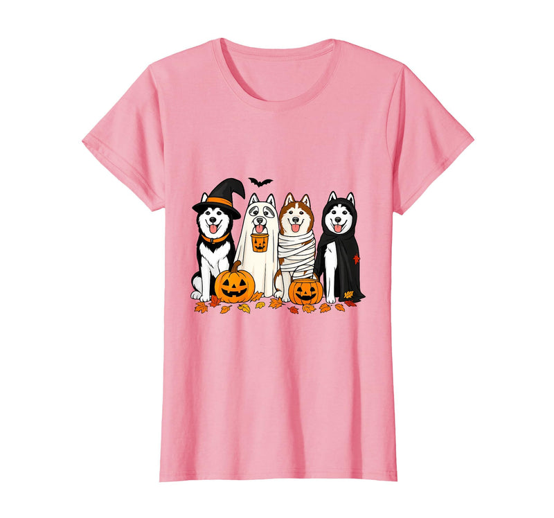 Funny Siberian Husky Ghost Pumpkin Funny Husky Ghost Dogs Halloween Dog Spooky T-Shirt - Pink