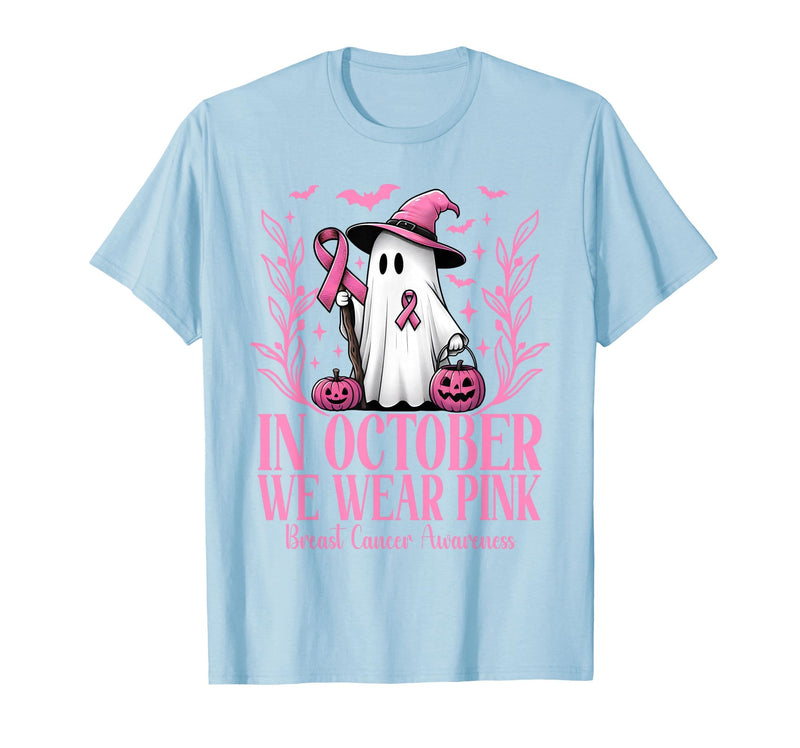 Arich.Tee's Breast Cancer Awareness Ghost in October We Wear Pink Breast Cancer Witch Ghost Halloween T-Shirt - Baby Blue
