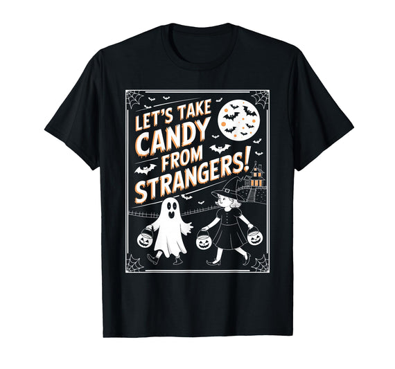 Classic Cool Candy Halloween Apparel Let's Take Candy from Strangers Retro Halloween T-Shirt - Black