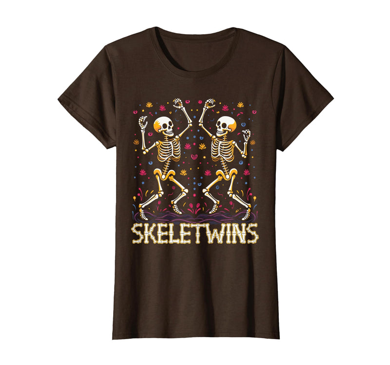 Spirit Week Twin Day Skeletwins Halloween Twins Dancing Skeletons Twins Halloween Matching Skeletwins T-Shirt - Brown