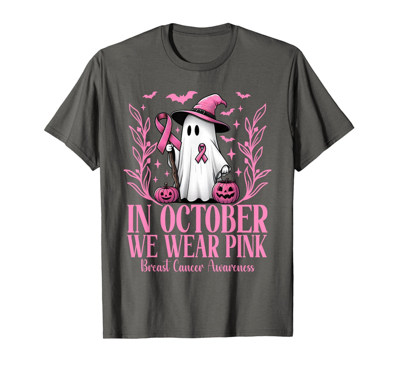 Arich.Tee's Breast Cancer Awareness Ghost in October We Wear Pink Breast Cancer Witch Ghost Halloween T-Shirt - Asphalt Grey