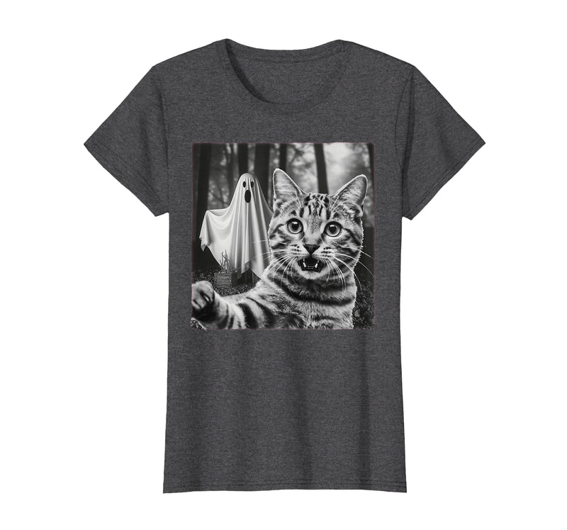 Halloween Cat Selfie with Spooky Ghost t -shir t Halloween Cat Selfie with Spooky Ghost T-Shirt - Dark Heather Grey