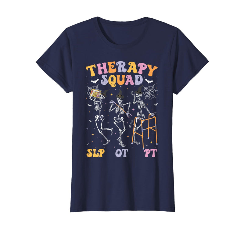 Speech Occupational Physical Therapy Halloween Therapy Squad SLP OT PT Halloween Speech Physical Skeleton T-Shirt - Navy Blue