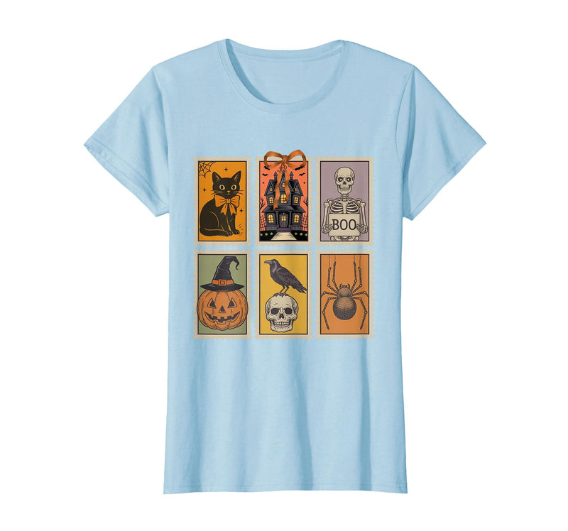 Halloween Stamp Cute Ghost Cute Fall Apparel Vintage Halloween Stamp Cute Ghost Pumpkin Cat Retro Fall T-Shirt - Baby Blue