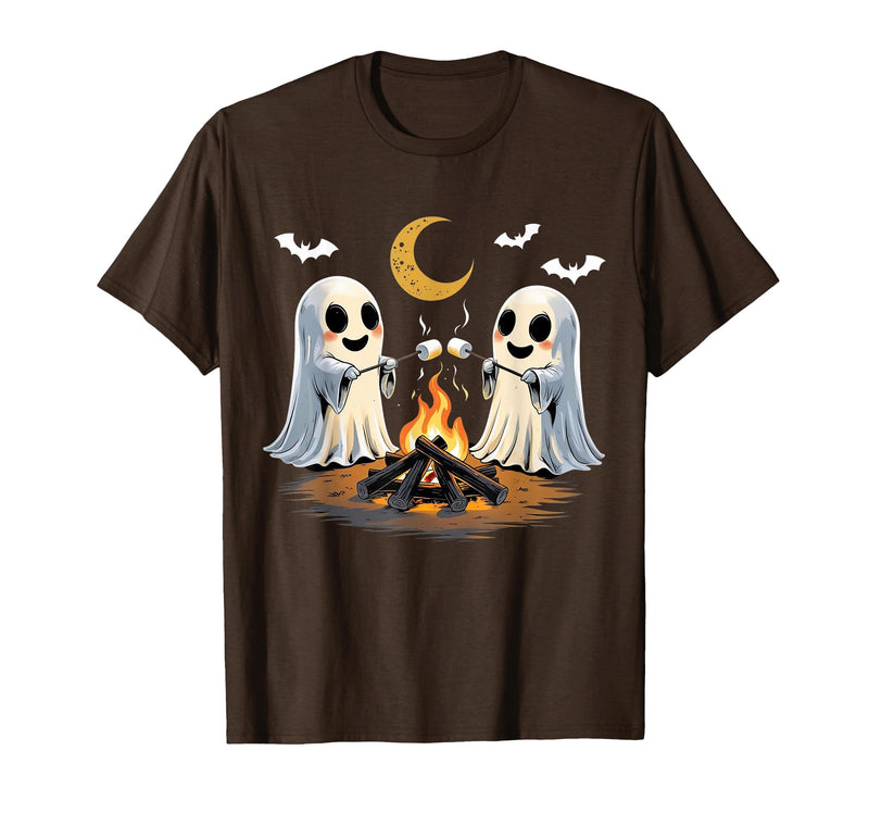 Halloween Tees and Spooky Ghosts Designs Ghosts Roasting Marshmallows Halloween Night Cute Novelty T-Shirt - Brown