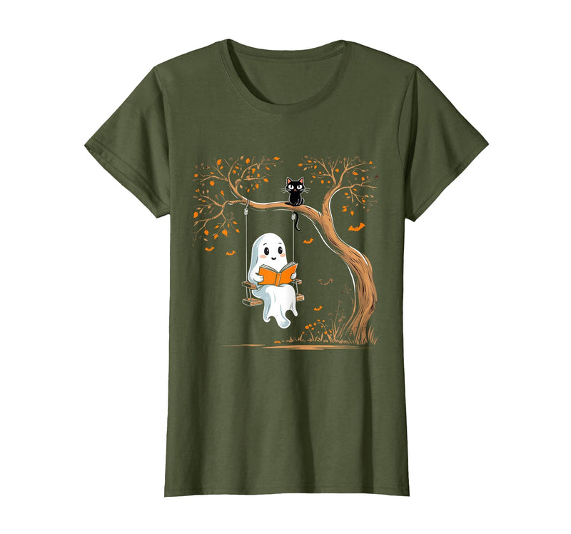 Halloween Ghost Swing Reading Vintage Ghost Swing Reading Book Swinging Halloween Costume T-Shirt - Olive Green