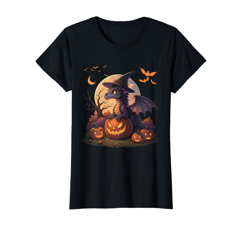 Halloween Dragons Fantasy Spooky Witchy Cute Halloween Dragon Witch Hat Pumpkin Moon Fantasy T-Shirt - Black