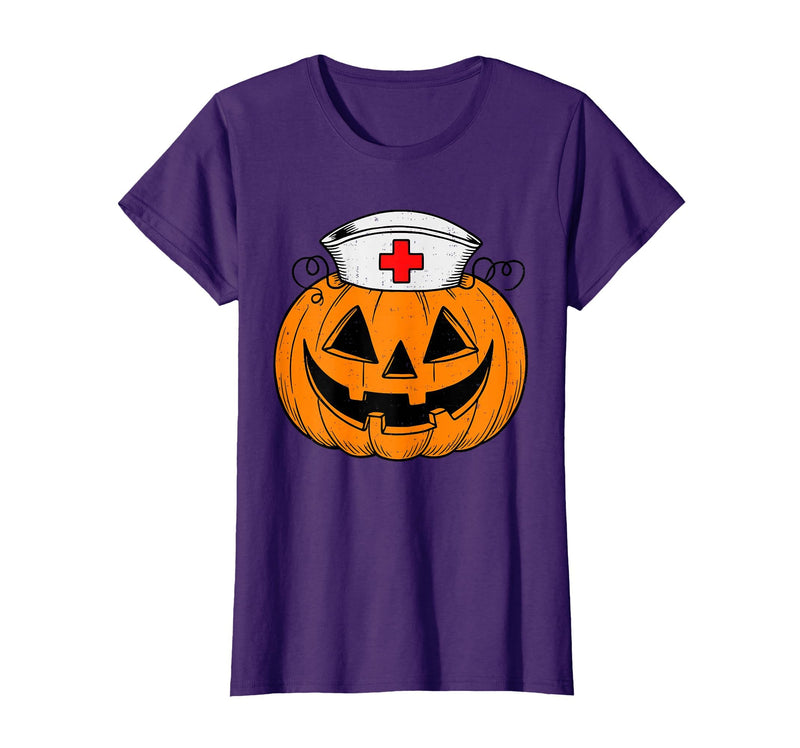 Halloween Tees for Women Men Kids Funny Pumpkin Nurse Scary Halloween Costume RN CNA ICU Women T-Shirt - Purple