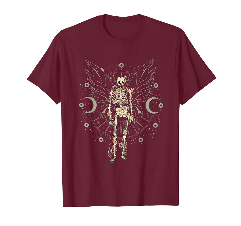 Y2K Grudge Core Mystical Celestial Halloween NS Fairy Grunge Fairycore Aesthetic Butterfly Skeleton Gothic T-Shirt - Burgundy