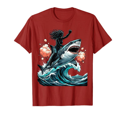 Woman Riding Shark Through Crashing Wave T-Shirt