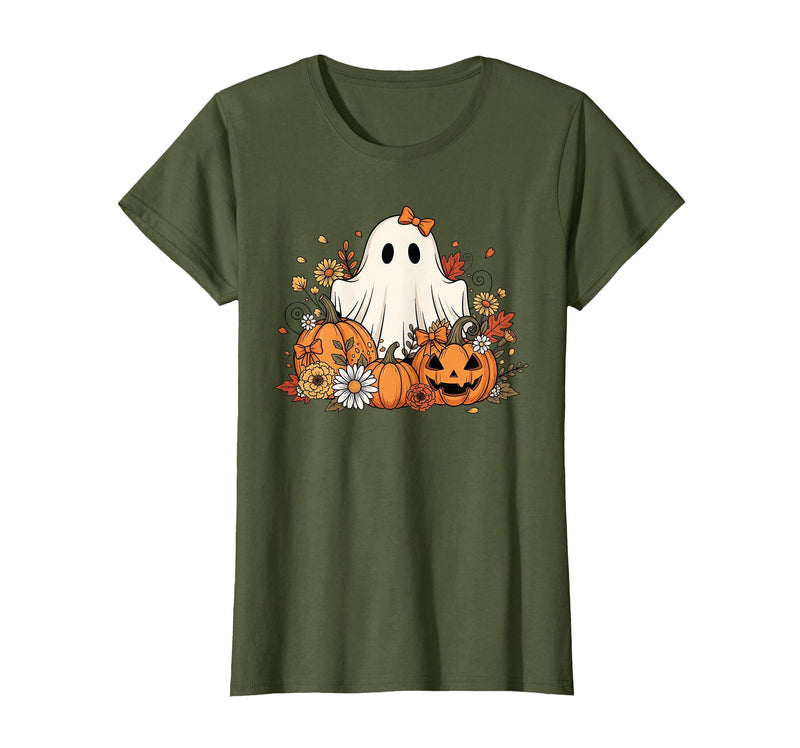 Ghost Halloween Flower Costume Floral Women Cute Ghost with Flower Halloween Pumpkin Autumn Women T-Shirt - Olive Green