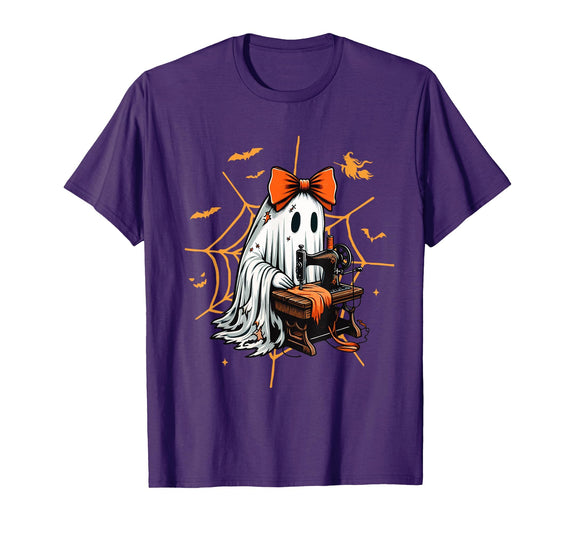 Ghost Quilter Sewing Halloween Costume Cute Ghost Quilter Sewing Halloween Scary Costume Retro T-Shirt - Purple