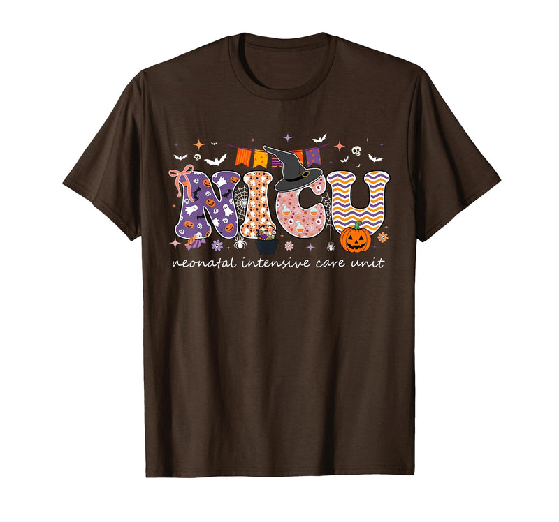 Halloween NICU Nurse Neonatal Intensive Care Neonatal Intensive Care Unit Coquette NICU Nurse Halloween T-Shirt - Brown