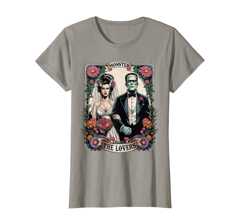 The Lovers Tarot Card Spooky Halloween Women Men The Monster Frankenstein and Bride The Lovers Tarot Card T-Shirt - Slate