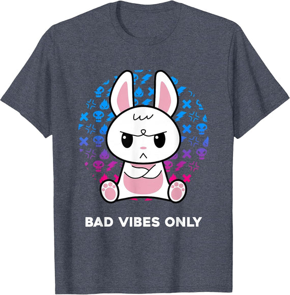 Bad Vibes Only Grumpy Looking Rabbit Nerd Gothic Bunny T-Shirt - Heather Blue