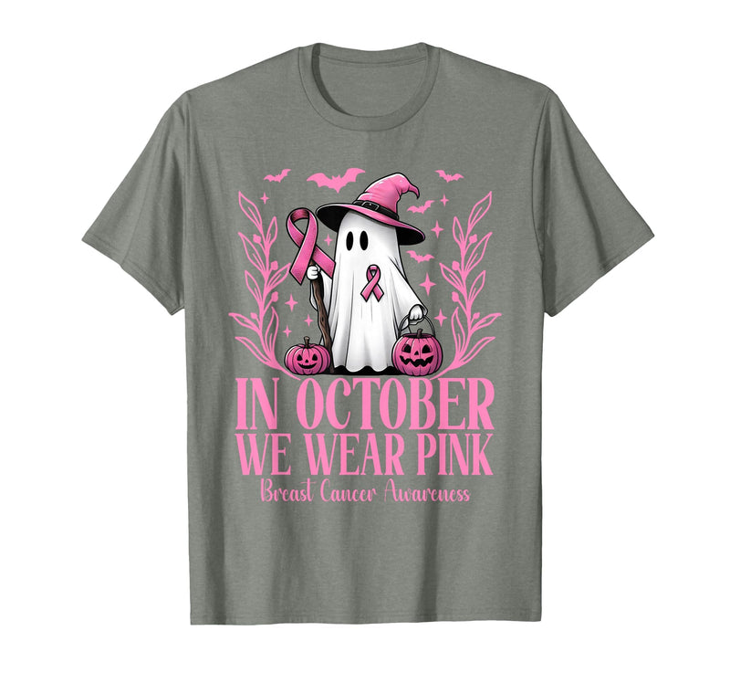 Arich.Tee's Breast Cancer Awareness Ghost in October We Wear Pink Breast Cancer Witch Ghost Halloween T-Shirt - Olive Heather
