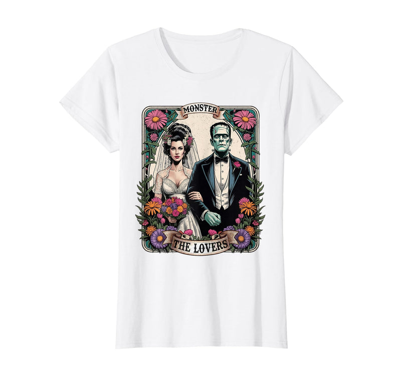 The Lovers Tarot Card Spooky Halloween Women Men The Monster Frankenstein and Bride The Lovers Tarot Card T-Shirt - White