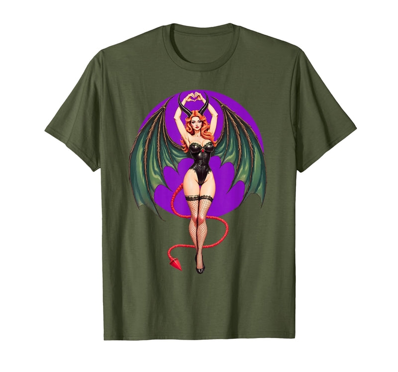 Classic Vintage Pin-Up Sexy Girl by YUX Sexy Succubus Monster Halloween Hand Heart Pin-Up Girl Devil T-Shirt - Olive Green